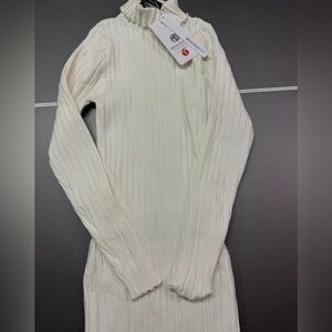 Merokeety Womens Cream Ribbed Knit Mock Neck Long Sleeve Maxi Dress Size S New